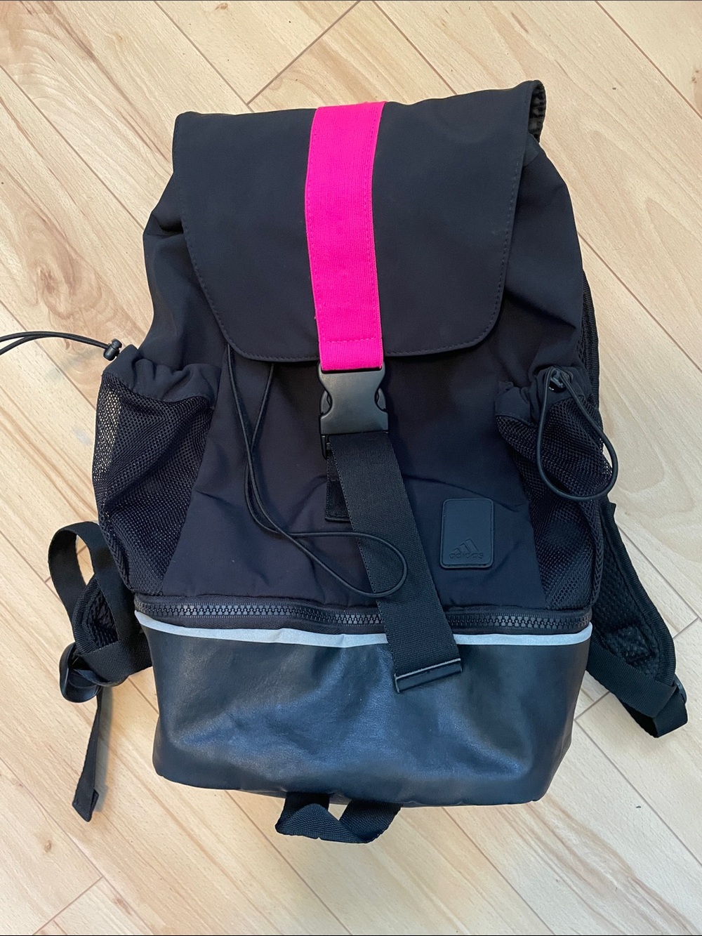 adidas Black Backpack with Pink Center Stripe and Zippered Shoe Compartment